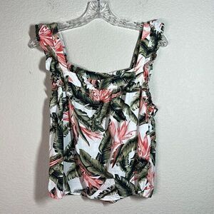 LOFT Green White Tropical Ruffled Sleeveless Square Neck‎ Linen Blend Crop Top M